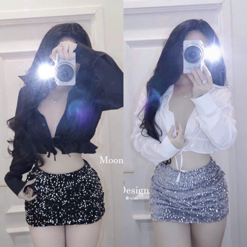 Set Bộ Áo Bèo Đan Dây Tay Dài Croptop + Chân Váy Nhung Kim Sa Có Lót Quần