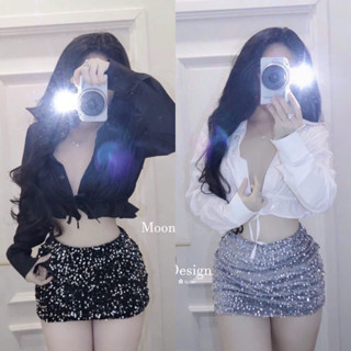 Set Bộ Áo Bèo Đan Dây Tay Dài Croptop + Chân Váy Nhung Kim Sa Có Lót Quần