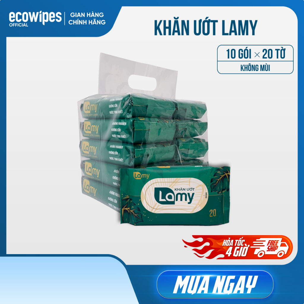 Túi 10 gói khăn ướt Lamy gói 20 tờ không mùi