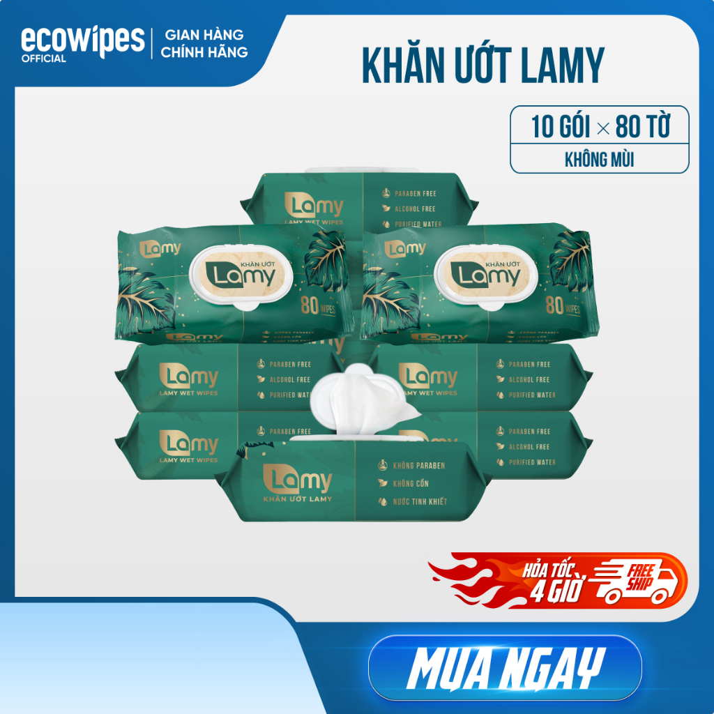 Thùng 10 gói khăn ướt Lamy 80 tờ/gói không mùi