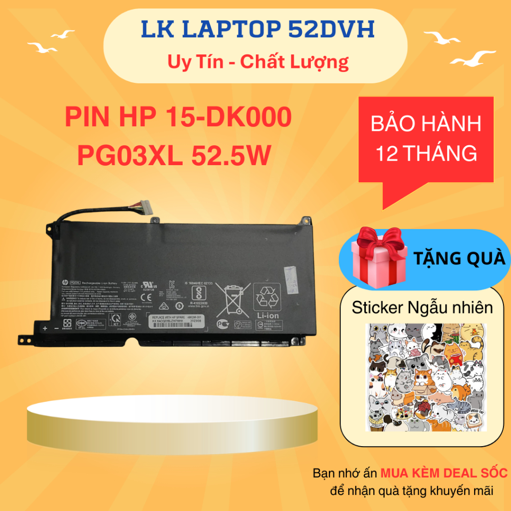 PIN HP 15-DK000 PG03XL 52.5W HÌNH CHỮ NHẬT (ZIN) - 3 CELL Pavilion 15-dk000, 15-ap000, PG03XL