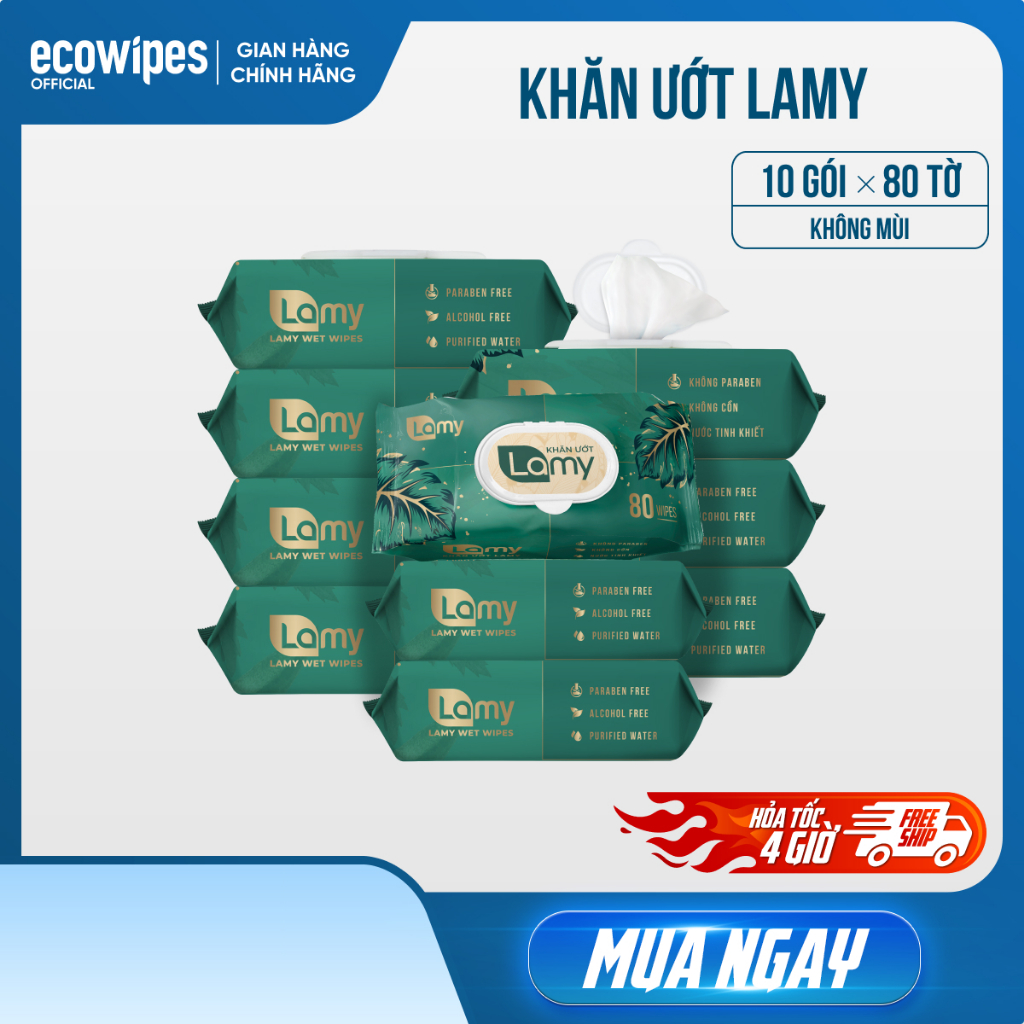 Thùng 10 gói khăn ướt Lamy gói 80 tờ không mùi