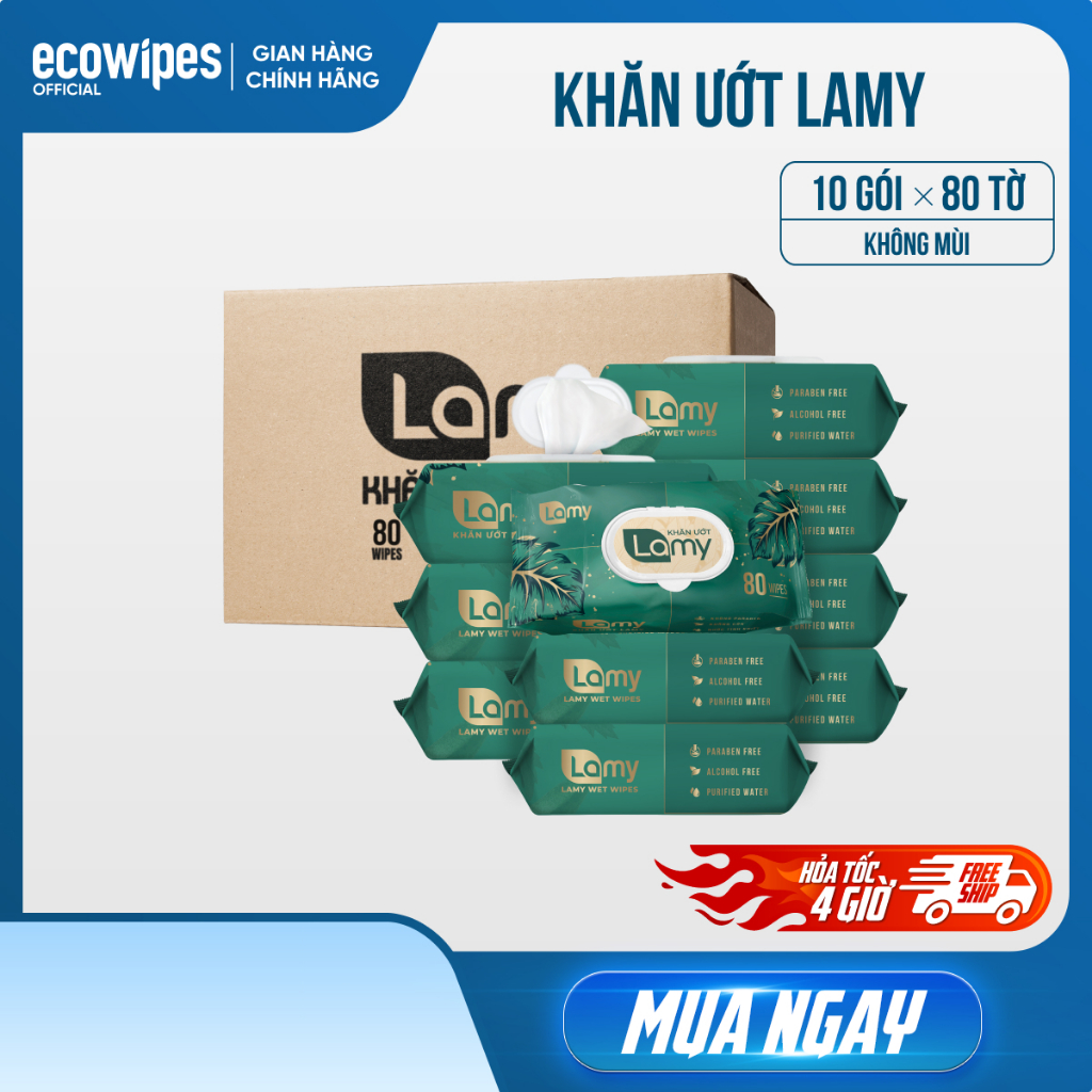 [ĐA KHO BẮC NAM] Thùng 10 gói khăn ướt Lamy không mùi không cồn không paraben an toàn cho bé