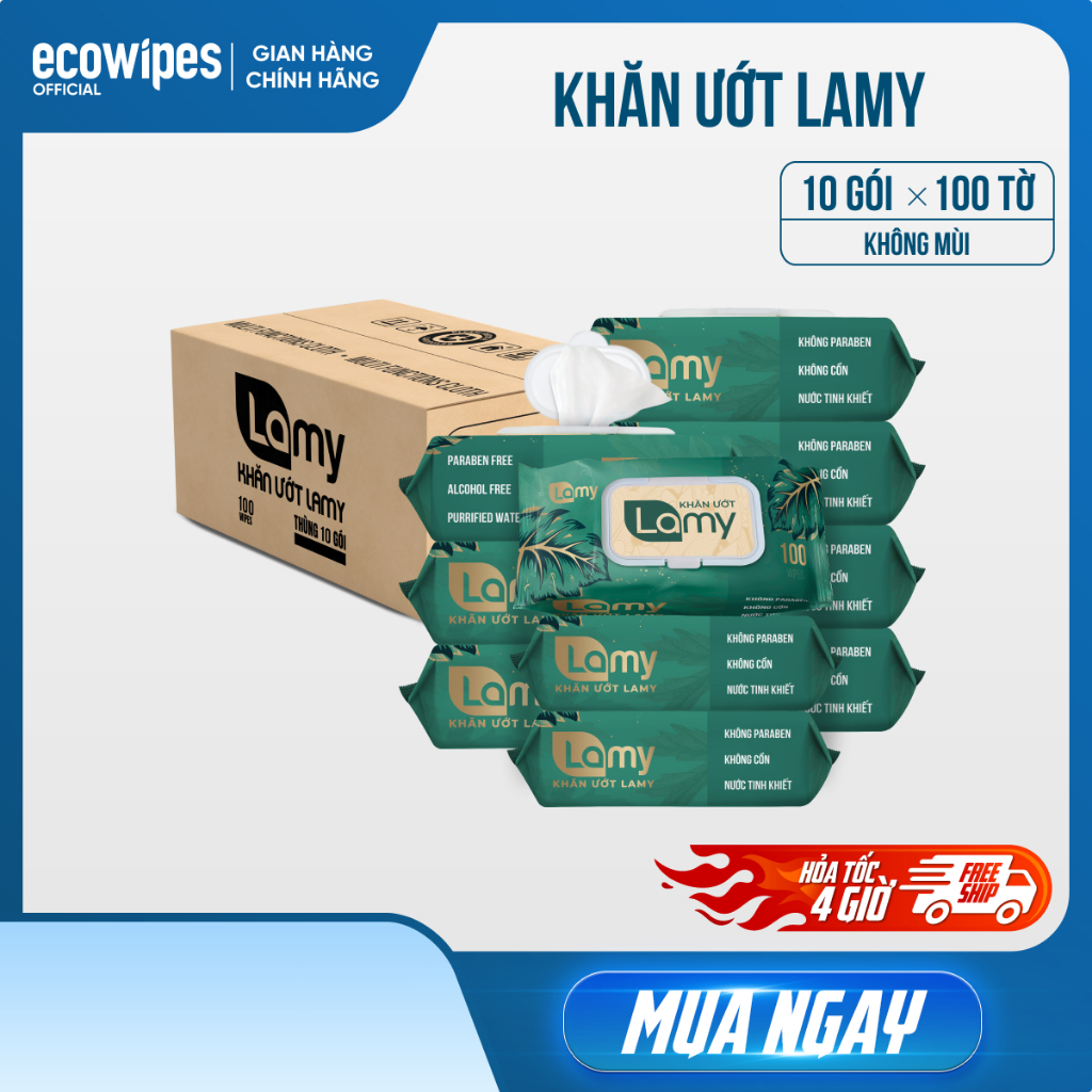 Thùng 10 gói khăn ướt Lamy gói lớn 100 tờ không mùi