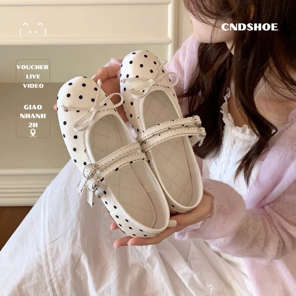 Giày Búp Bê ballet CNDSHOE mũi tròn chấm đính nơ cài quai ngang đế bằng phong cách hàn quốc - POTKAD