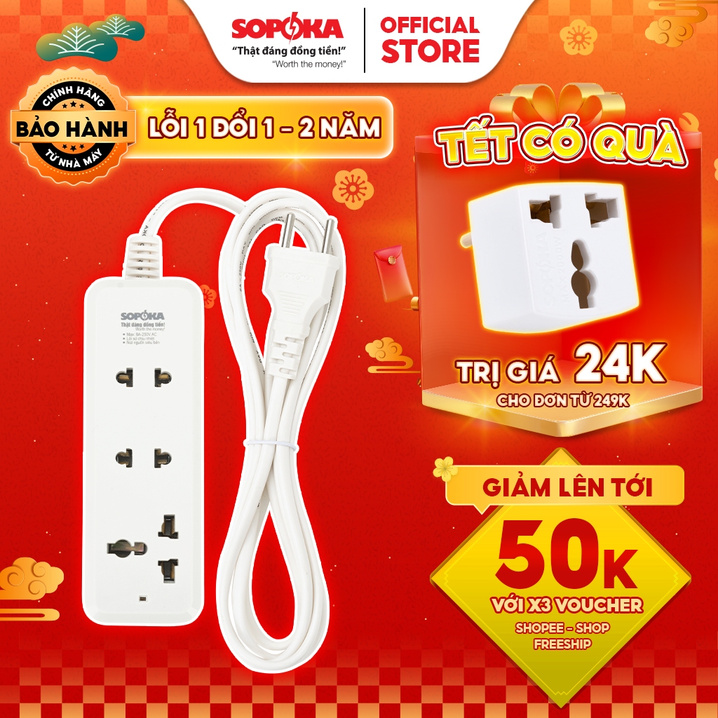 Ổ cắm điện đa năng sopoka 3b/3c, chống tuột phích dây 2.5m/4.5m, 1200w an toàn cho laptop, máy tính bảo hành 2 năm