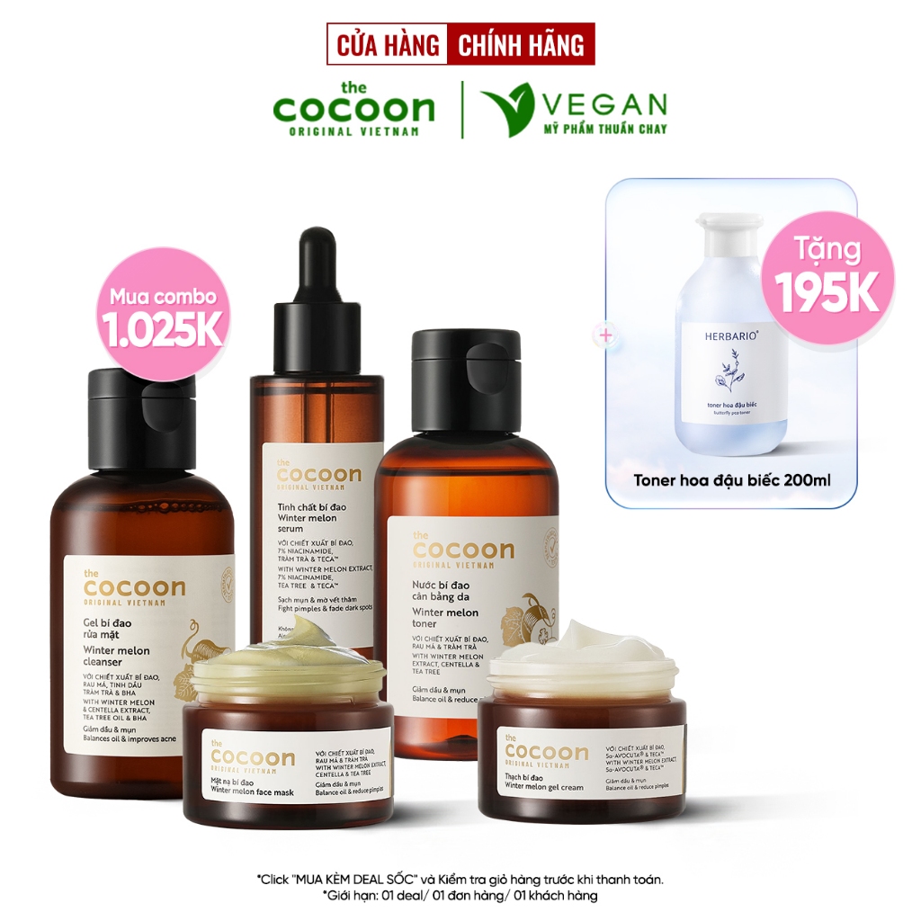 Bộ 5 chăm sóc da mụn chuyên sâu: Gel + Toner + Serum + Mặt nạ + Thạch dưỡng bí đao cocoon