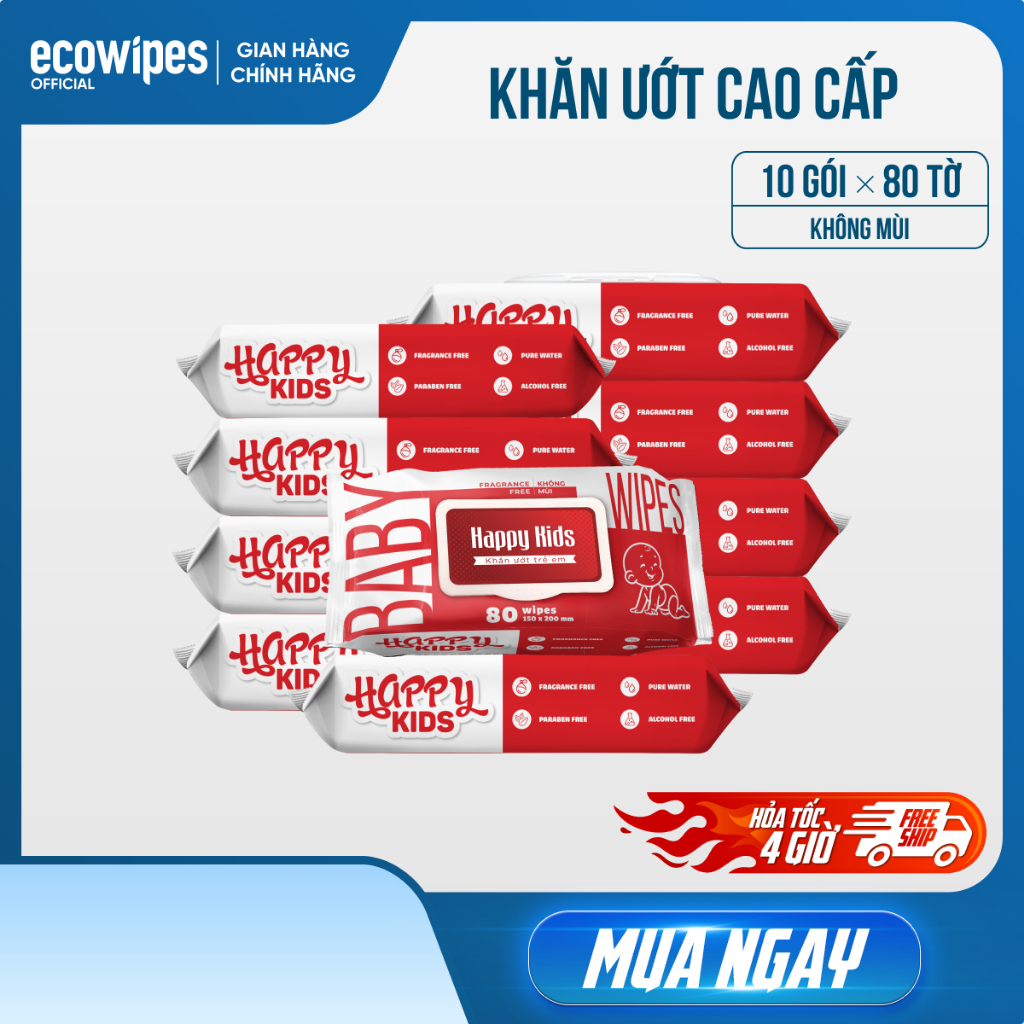 Thùng 10 gói khăn ướt Happy Kids Đỏ gói 80 tờ không mùi