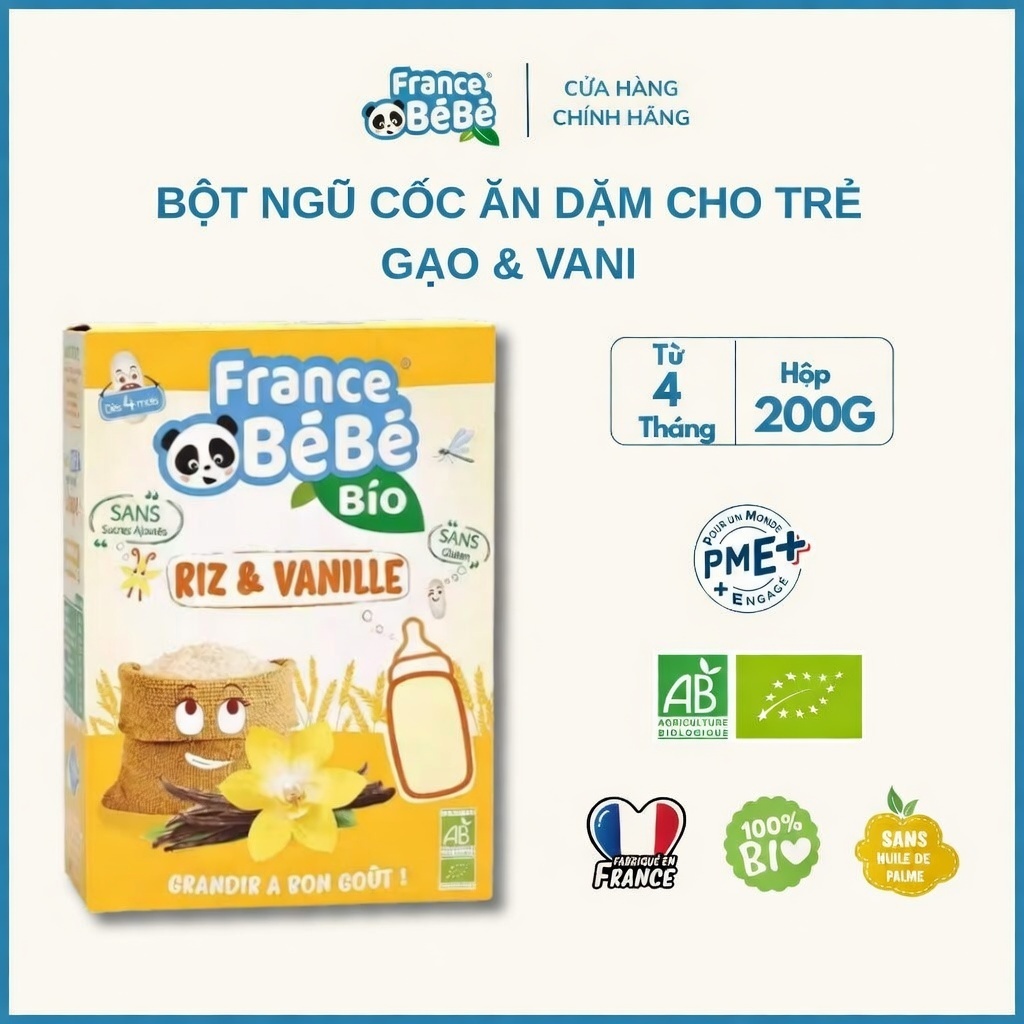 Bột ngũ cốc ăn dặm hữu cơ France Bebe cho trẻ từ 4 tháng tuổi gạo, vani 200g/hộp