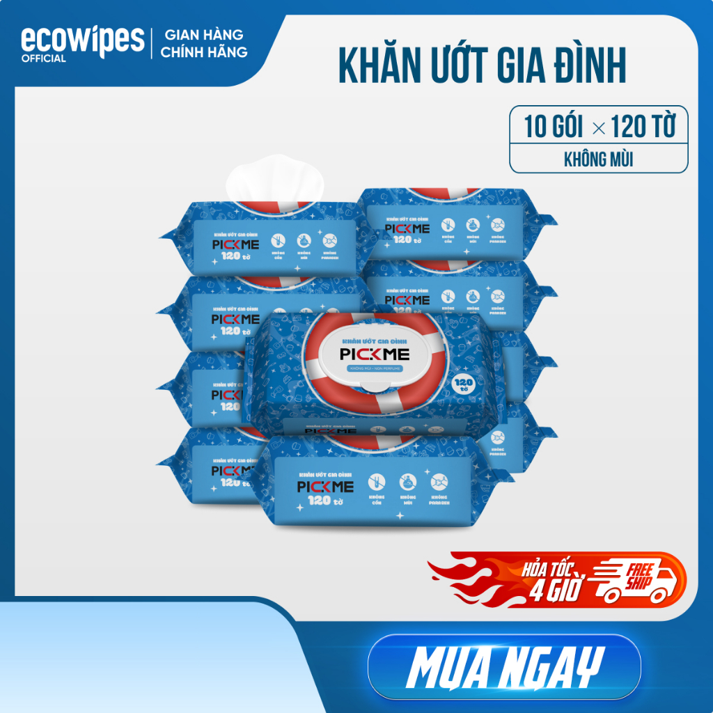 Thùng 10 gói khăn ướt gia đình PickMe 120 tờ không mùi