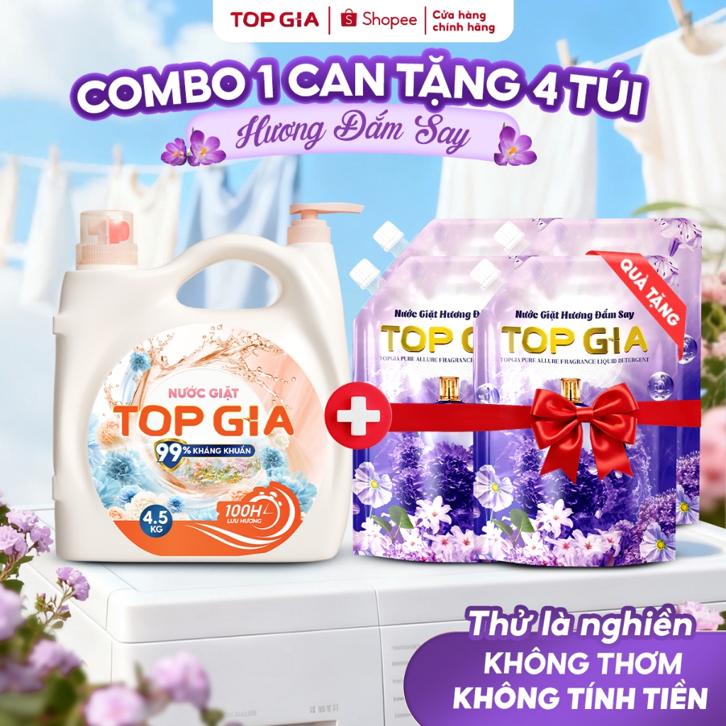 [MUA 1 TẶNG 4] Can Nước Giặt Xả TopGia 2 Vòi Tiện Lợi 4.5KG Lưu Hương 100H, Dịu Nhẹ Kháng Khuẩn 99%