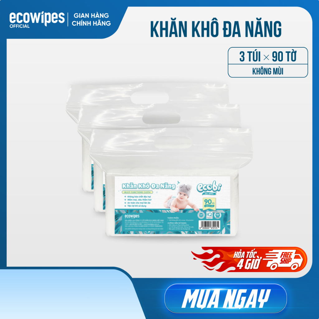 Combo 03 túi khăn vải khô đa năng cao cấp Ecobi túi 90 tờ không mùi