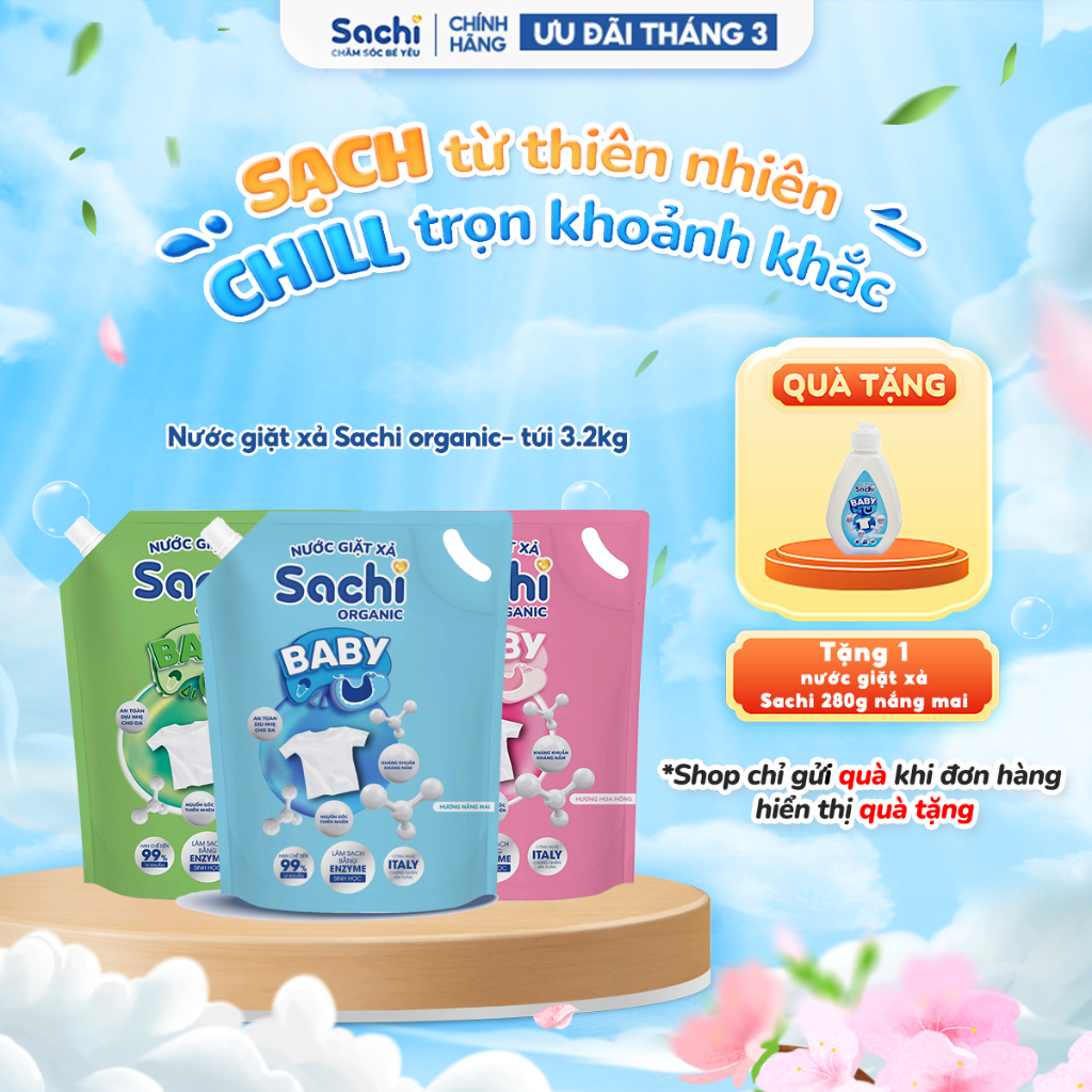 Nước Giặt Xả Em Bé Sachi Organic – Hương Thơm Thiên Nhiên, Dịu Nhẹ Cho Da Bé túi 3,2 lít