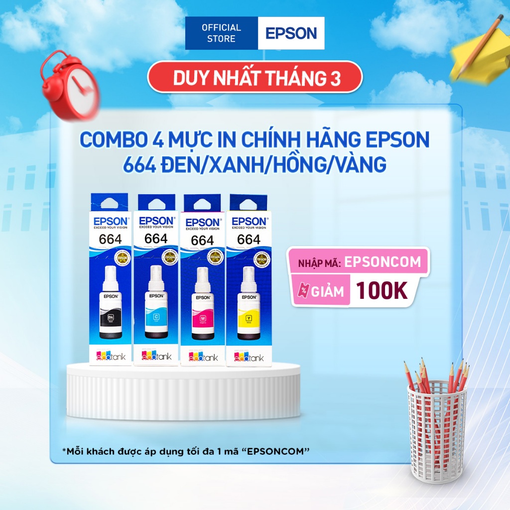 Combo Mực Máy In Chính Hãng Epson T664 Dùng Cho Máy L310/L360/L1300/L120/L121/L1300...Giúp Chất Lượn