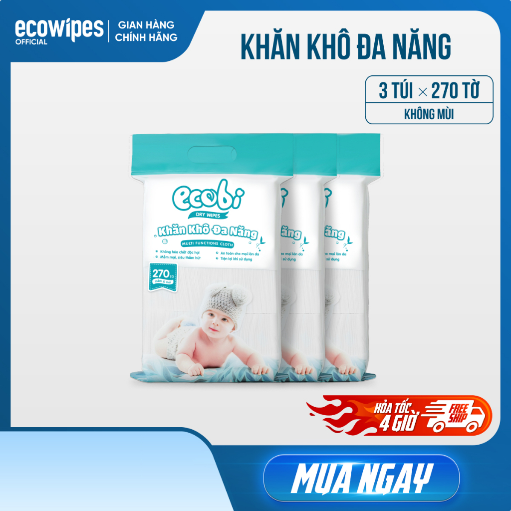 Combo 03 túi khăn vải khô đa năng cao cấp Ecobi túi 270 tờ không mùi
