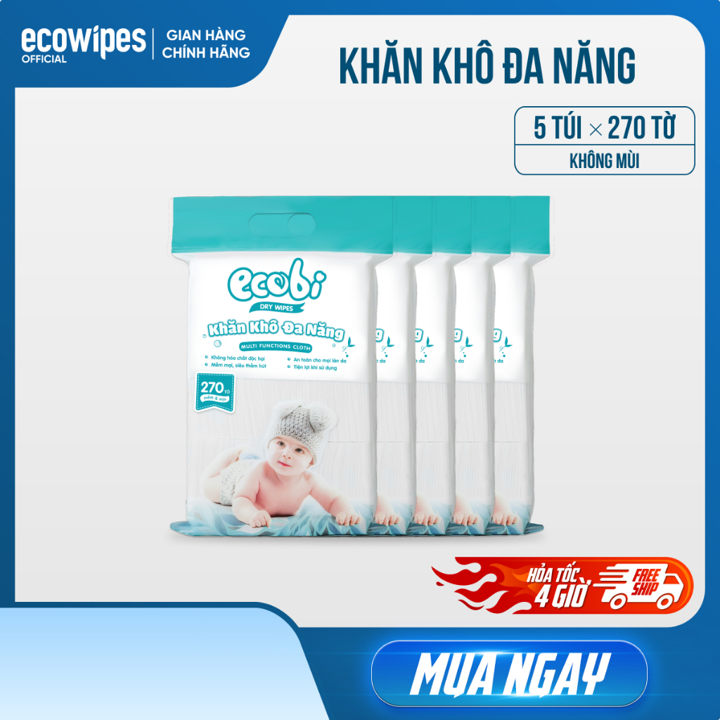 Combo 05 túi khăn vải khô đa năng cao cấp Ecobi túi 270 tờ không mùi