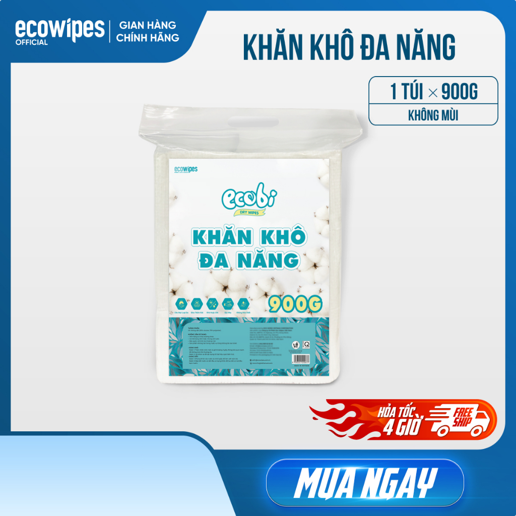 Khăn vải khô đa năng cao cấp Ecobi túi 900gram ~ 720 tờ không mùi