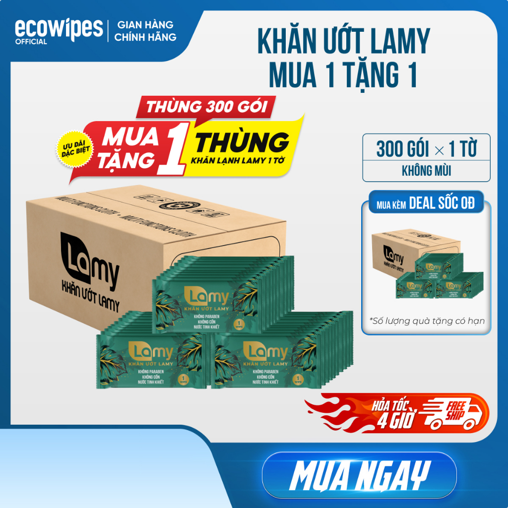 MUA 1 TẶNG 1_Thùng 300 + 300 tờ khăn lạnh cao cấp khổ lớn Lamy gói 1 tờ hương tự nhiên