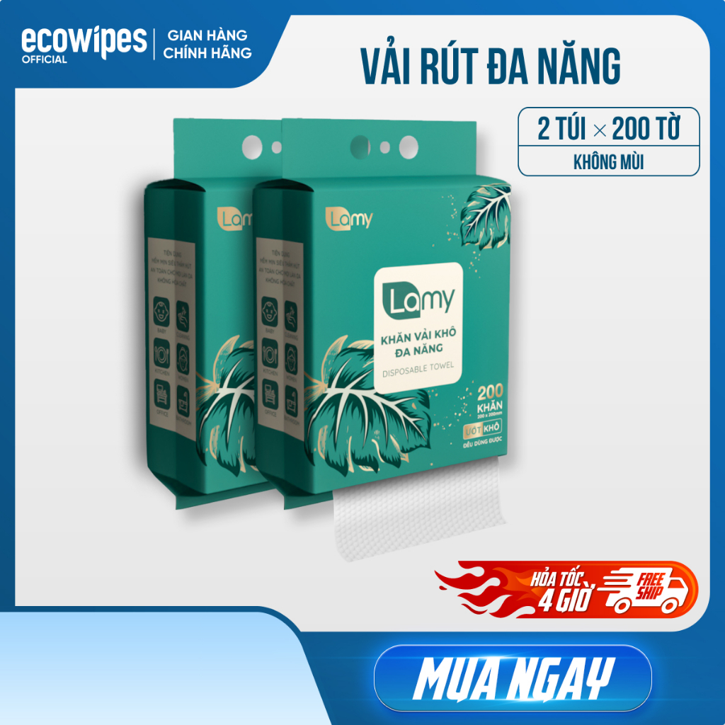 TẶNG MÓC TREO_Thùng 02 túi Khăn vải khô đa năng EcoWipes 200 tờ túi rút treo tường lau mặt tẩy trang