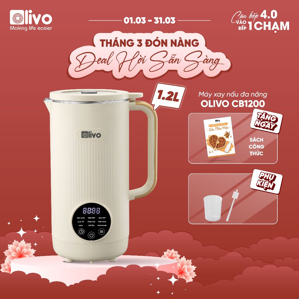 Máy Làm Sữa Hạt OLIVO CB1200 Xay Nấu Đa Năng, Dung Tích 1200ML, Nắp Kính Cường Lực, 10 Chức Năng Nấu