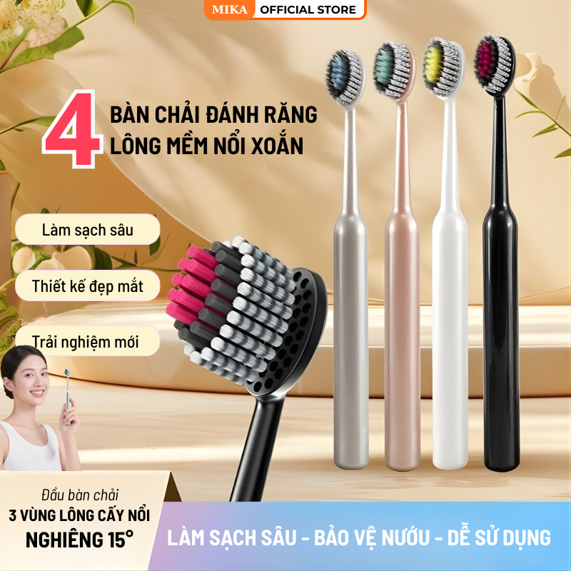 Combo 4 Bàn Chải Đánh Răng Lông Mềm Xoắn Nổi MIKA Làm Sạch Sâu Bảo Vệ Nướu Hiệu Quả