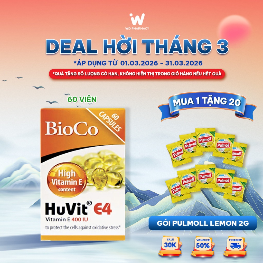 Viên uống vitamin E Bioco Huvit E4 ngăn lão hóa, mờ tàn nhang, nám (Hộp 60v)