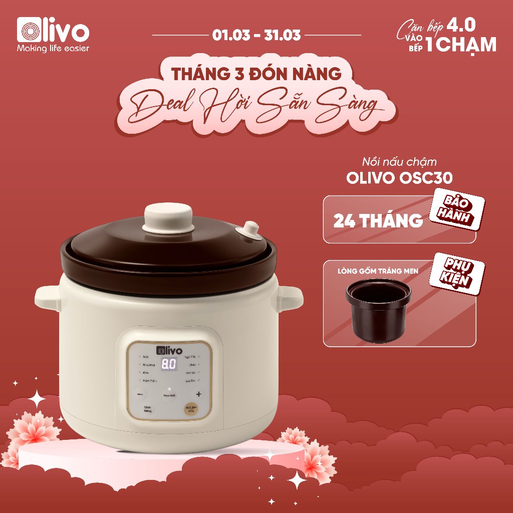 Nồi nấu chậm OLIVO OSC30 3L - 9 chế độ cài sẵn - Bảng điều khiển điện tử - Lòng gốm tráng men - Hẹn giờ 9 tiếng