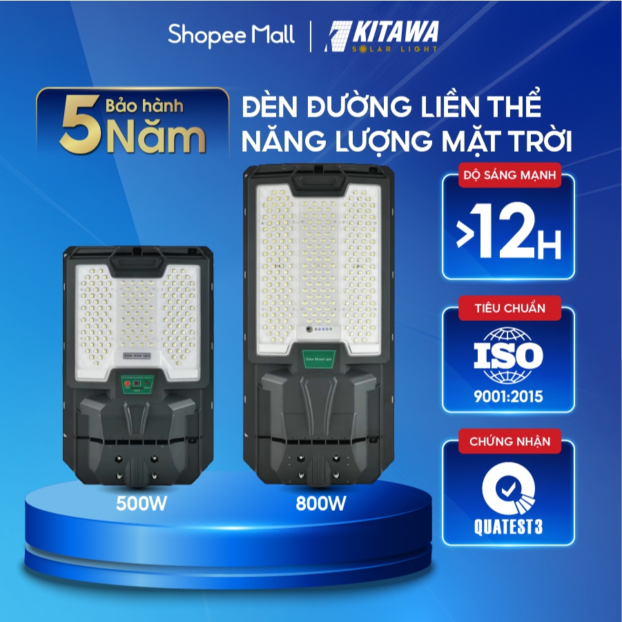 Đèn Đường Liền Thể Năng Lượng Mặt Trời KITAWA 500W/ 800W Sáng Mạnh, Phù Hợp Lắp Đặt Không Gian Ngoài