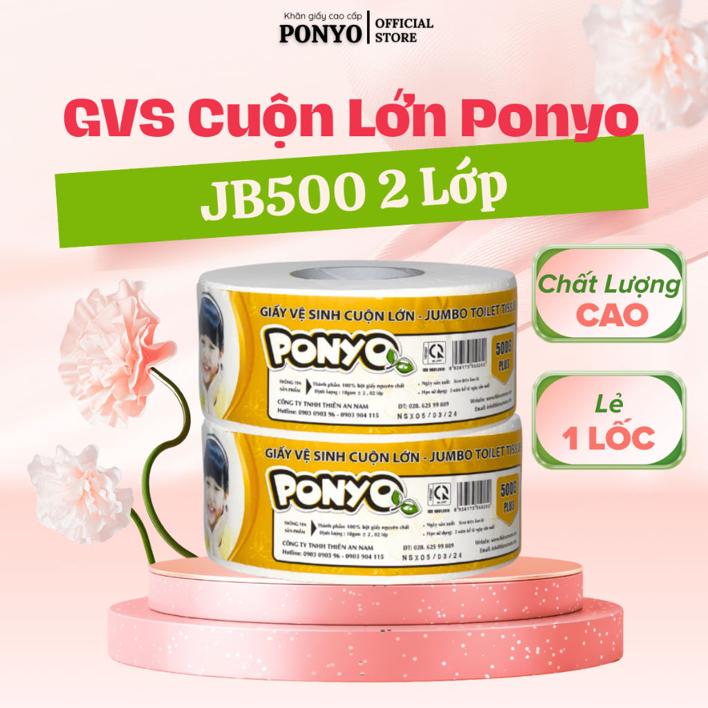 Giấy Vệ Sinh Cuộn Lớn PONYO JB500 2 Lớp Mềm Mịn Hoạ Tiết Caro 500g