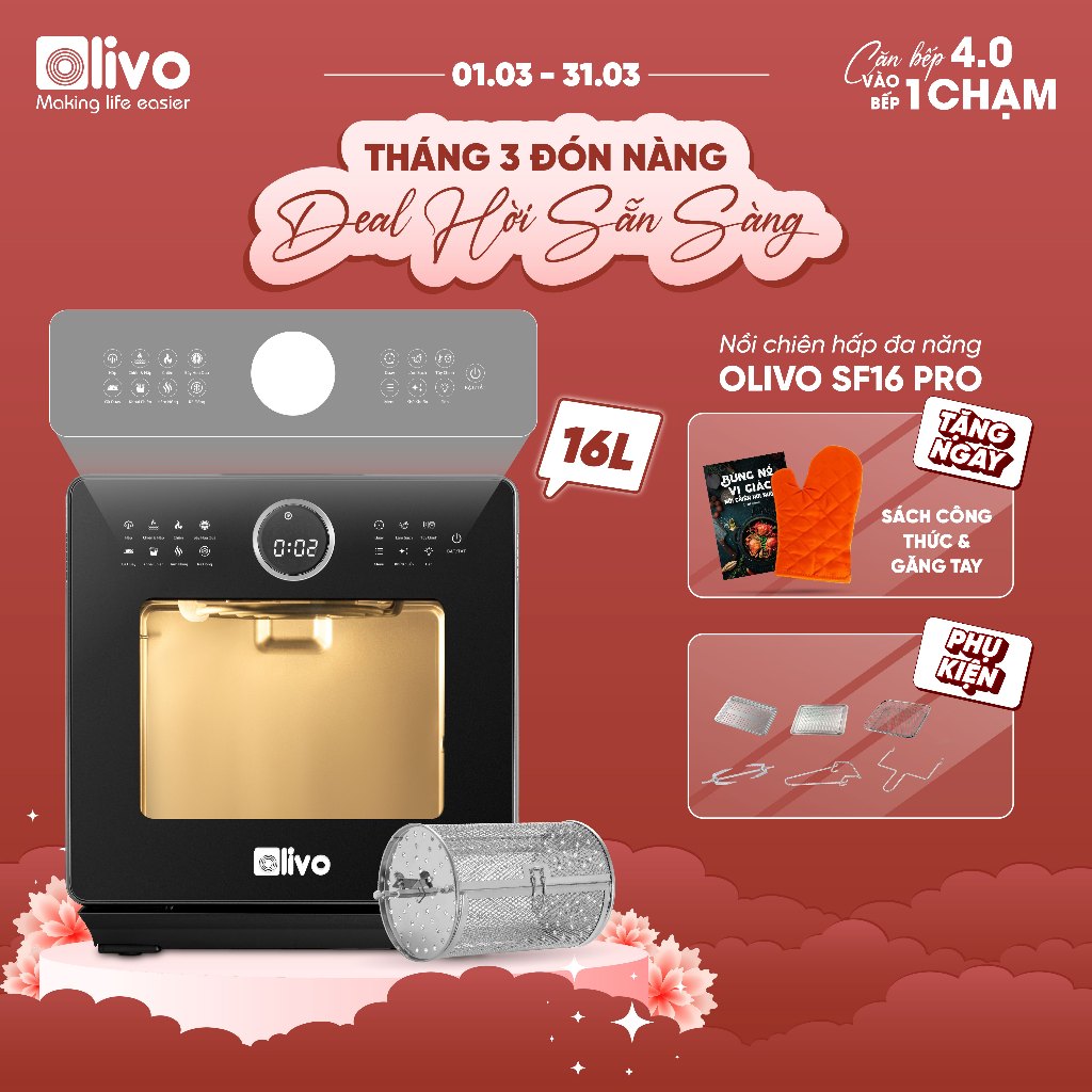 Nồi chiên hơi nước OLIVO SF16 PRO - Nồi chiên hấp 70 chương trình cài sẵn, 16L - 2800W, có trục xiên quay, lồng quay