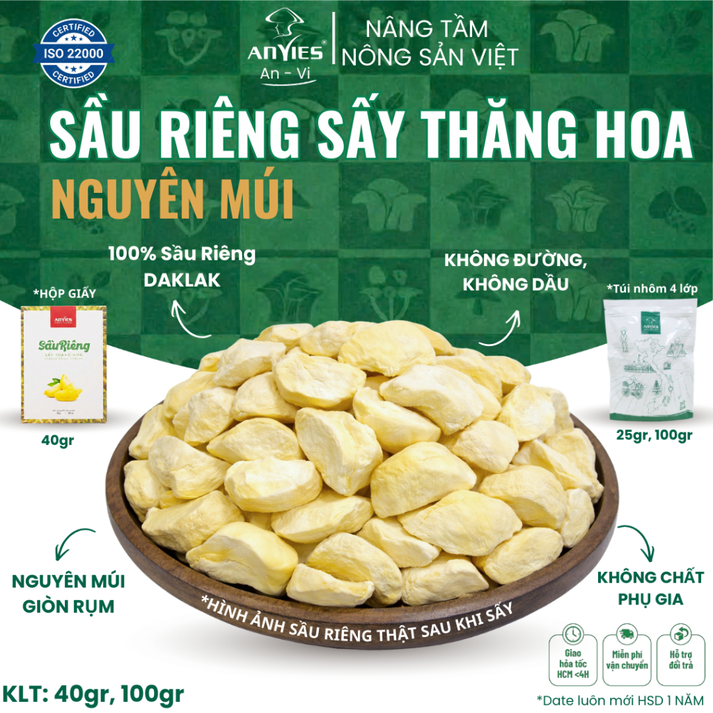 [Snack healthy] Sầu Riêng Sấy Thăng Hoa AnVi - ăn vặt, Nguyên Chất, Snack Healthy, Quà Tặng 25g-100g