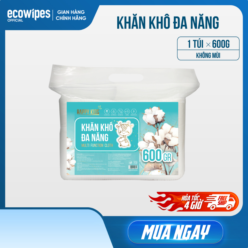 Khăn vải khô đa năng Happy Kids túi 600gram ~ 500 tờ không mùi