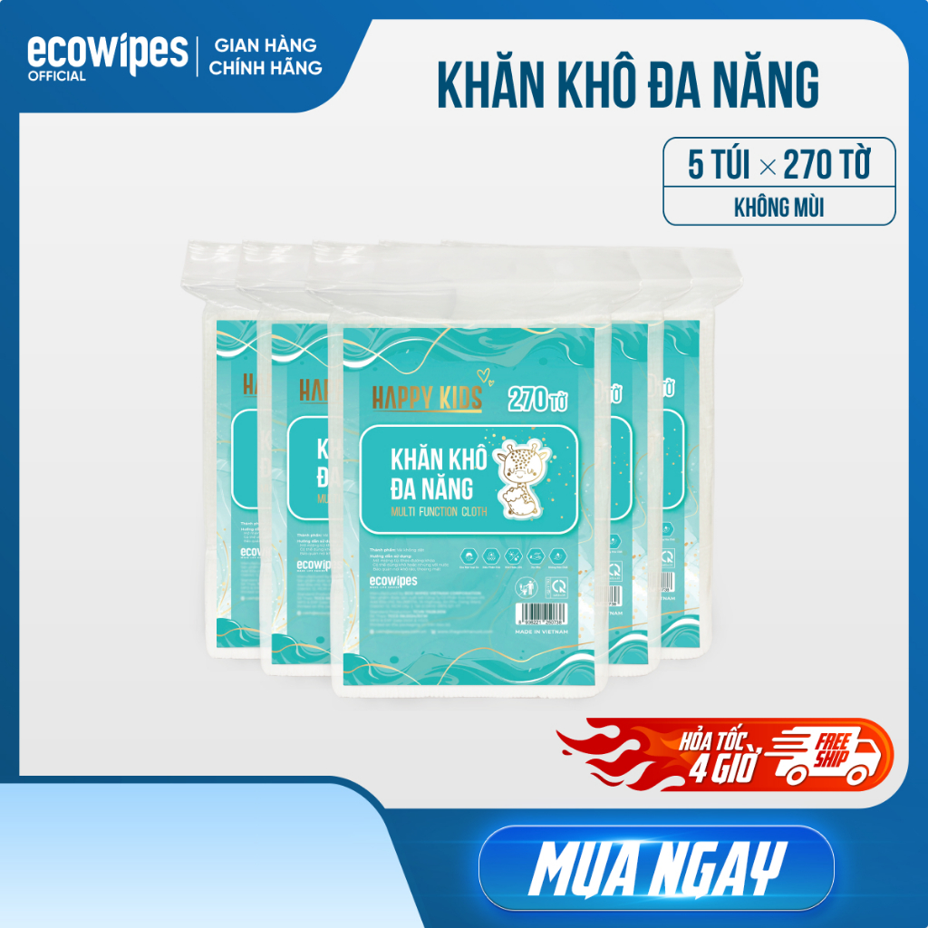 Combo 05 túi khăn vải khô đa năng Happy Kids túi 270 tờ không mùi
