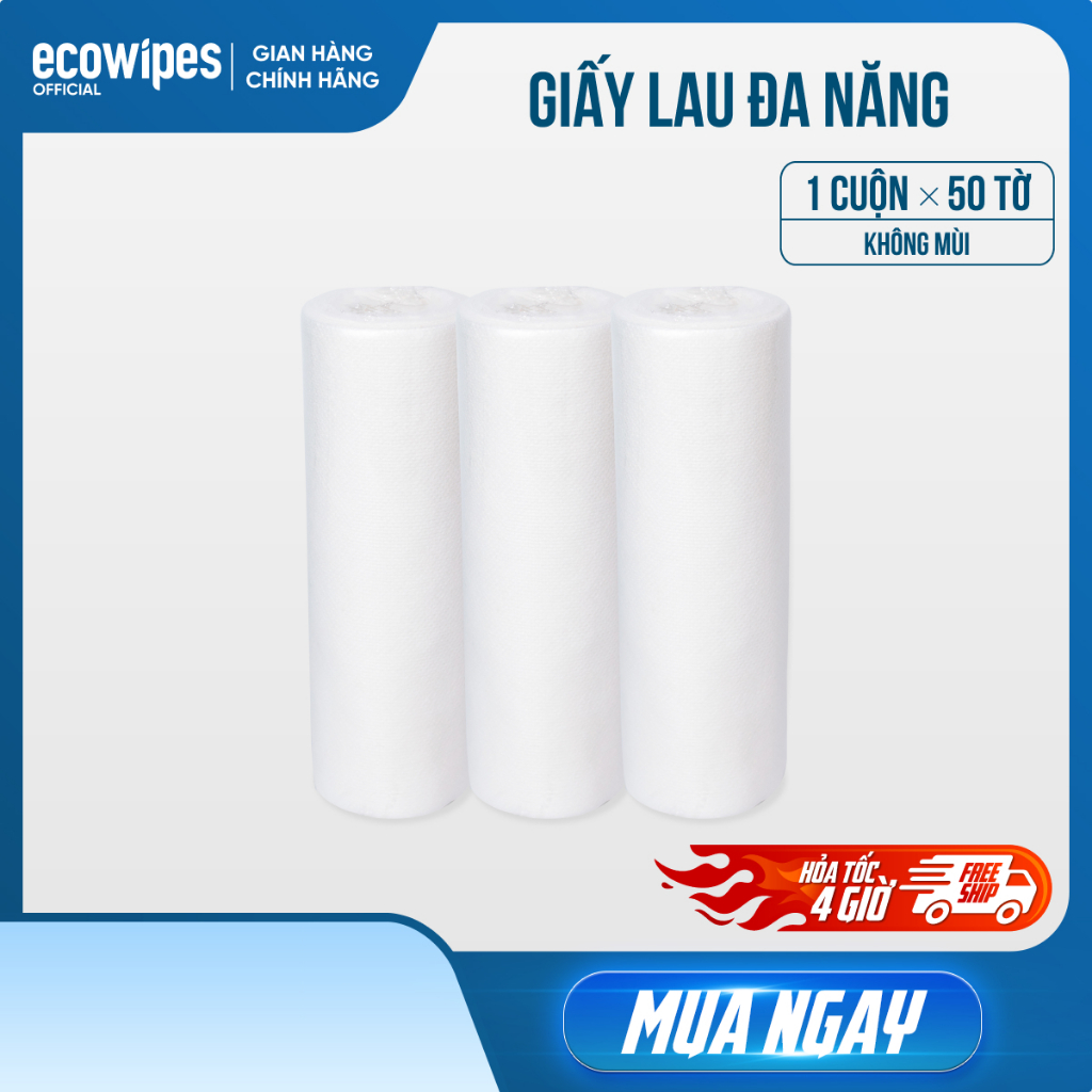 Cuộn 50 tờ khăn vải khô lau bếp lau chén dĩa đa năng EcoWipes size 18x20cm mềm dai thấm hút tốt