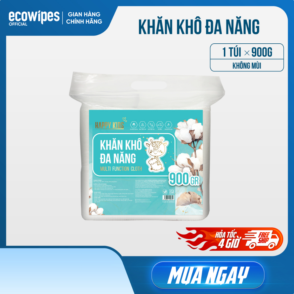 Khăn vải khô đa năng Happy Kids túi 900gram ~ 720 tờ không mùi
