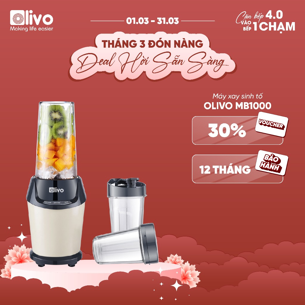 Máy Xay Sinh Tố OLIVO MB1000 Công Suất Lớn 1000W -Ba Cốc Xay Riêng Biệt - Lưỡi Dao Inox -Xay Đá Viên
