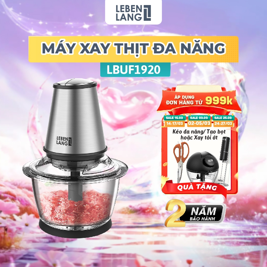 Máy xay thịt đa năng LEBENLANG LBUF1920, thủy tinh, công suất 400W, dung tích 1200ml, bảo hành 2 năm