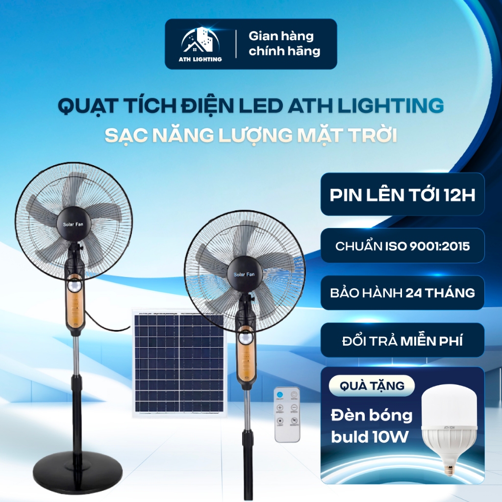 Quạt Tích Điện ATH LIGHTING, Loại Quạt Sạc Bằng Năng Lượng Mặt Trời Có Dây Kết Nối 5m Kèm Adapater Sạc Ngoài