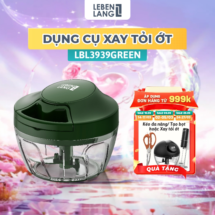 Dụng cụ xay tỏi ớt, thực phẩm Lebenlang LBL3939, 450ml, lưỡi xay bén, dây rút tiện lợi - chính hãng