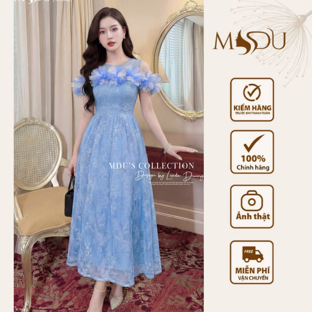 Váy Thiết Kế Dự Tiệc MDU5917 Ren Kim Sa Dệt Nổi Xanh Dương Thanh Lịch Chiết Eo Tôn Dáng