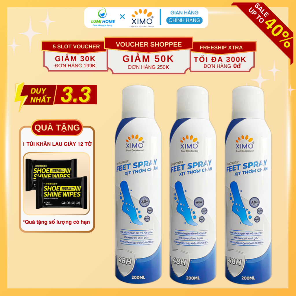 Chai xịt thơm chân Ximo Feet Spray 200ml, Xịt khử mùi giày công nghệ Ag+ diệt khuẩn lưu hương 24h