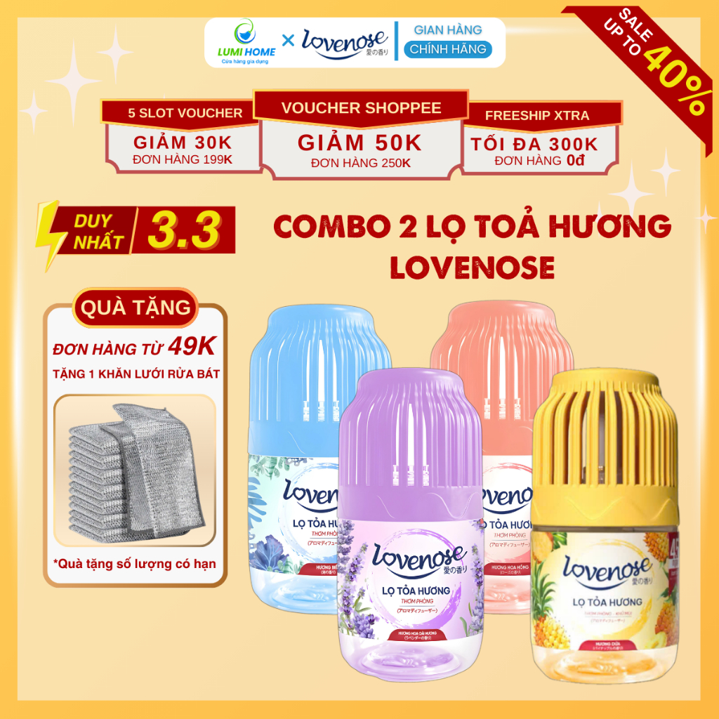 Combo 2 lọ tinh dầu tỏa hương thơm LOVENOSE thế hệ mới 180ml, Sáp thơm khử mùi nhà vệ sinh