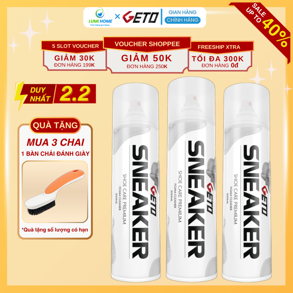 Bình xịt tạo bọt vệ sinh giày Sneark Geto cao cấp 300ml, Chai dung dịch giặt khô lau giầy thể thao