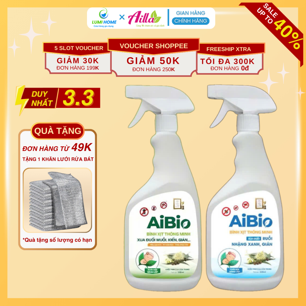 Bình thuốc xịt chống ruồi, muỗi AIBIO 530ml, Sịt côn trùng thành phần tự nhiên không mùi