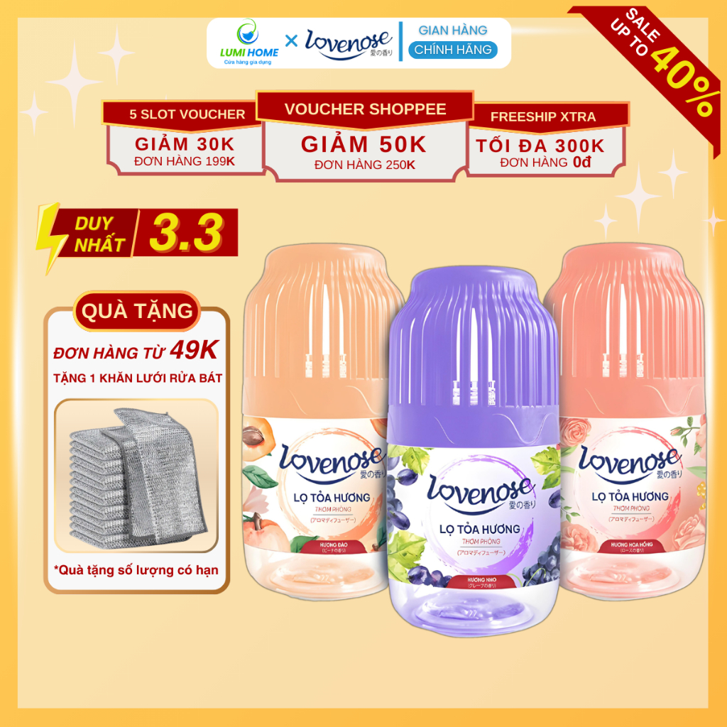 Lọ tinh dầu tỏa hương thơm LOVENOSE thế hệ mới 180ml, Sáp thơm tự nhiên, dễ chịu khử mùi nhà vệ sinh