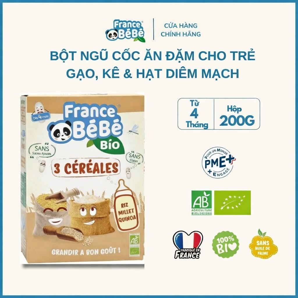 Bột ngũ cốc ăn dặm hữu cơ France Bebe cho trẻ từ 4 tháng tuổi gạo, kê & hạt diêm mạch 200g