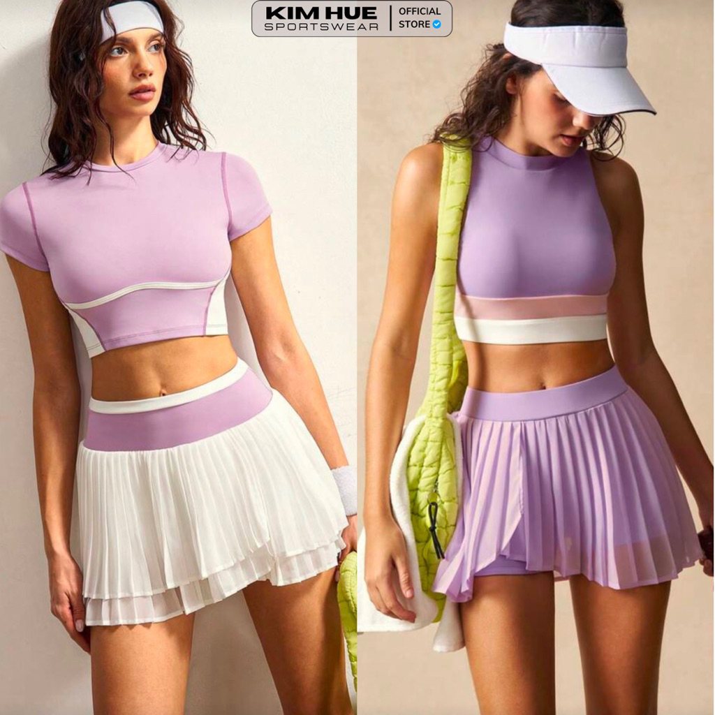 Set áo cộc tay phối trắng 2 bên+CV xếp ly cạp hồng - Set áo sát nách bo gấu+CV xếp ly vạt chéo một b