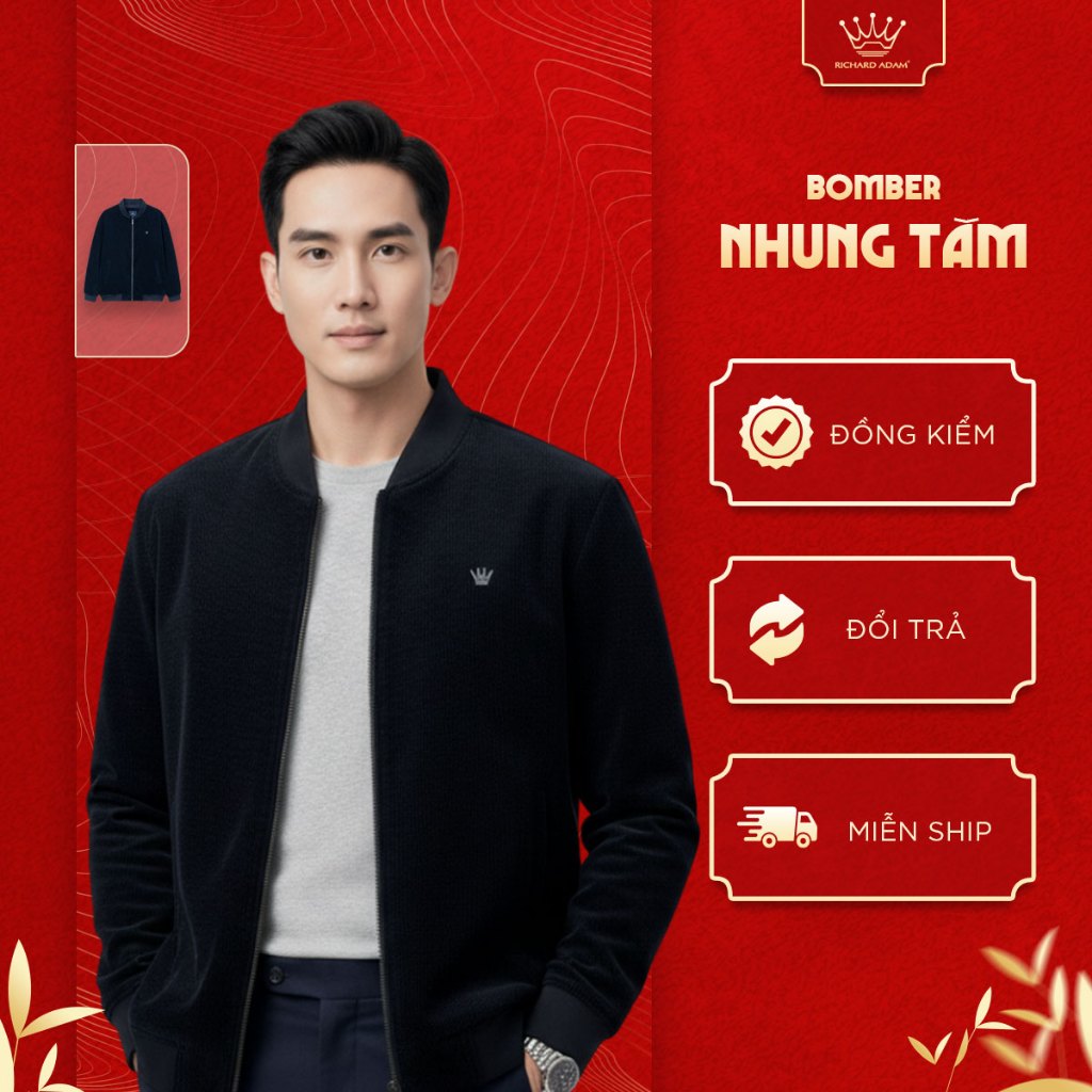 Áo Khoác Bomber Jacket Nam Richard Adam Vải Nhung Tăm Lót Lụa Mềm Mại, Ấm Áp, Chống Xù, Bền Màu, Cổ 