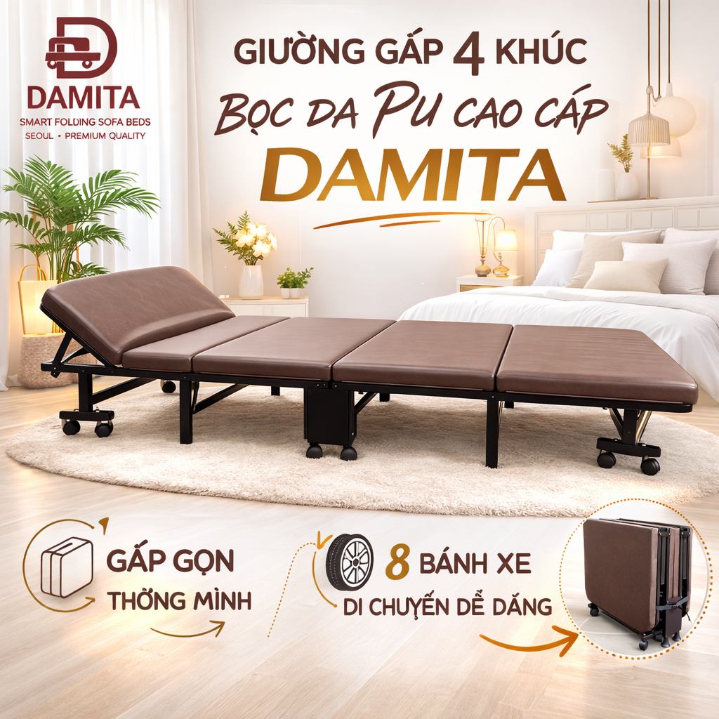 Giường Gấp 4 Khúc Bọc Da PU Cao Cấp DAMITA | Đệm 5CM PE + Foam K45 | 8 Bánh Xe | Nâng Đầu 5 Cấp | Gi