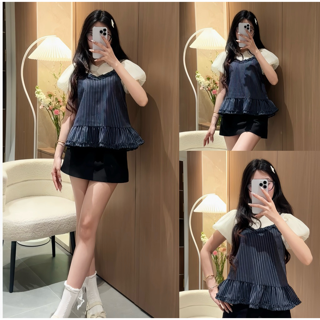 Áo Kiểu Tay Bồng Cộc Tay Phối Liền Áo 2 Dây Kẻ Bèo Nhún Dilyshop - A136